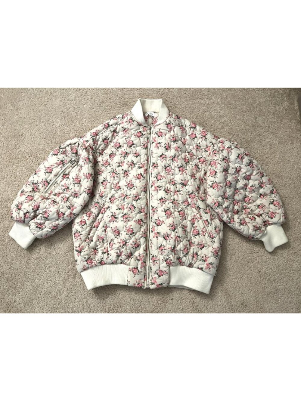 Mable Mallory Oversized Floral Bomber Jacket SMALL Cream Pink Anthropologie - Picture 4 of 13